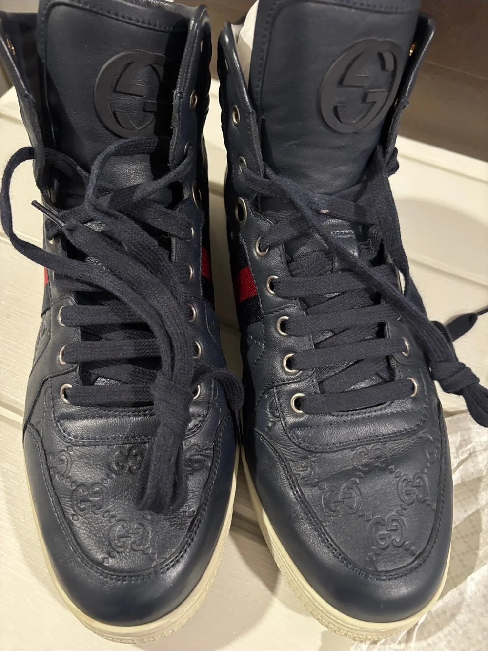 Gucci Navy High-Top Sneakers with Red Stripe